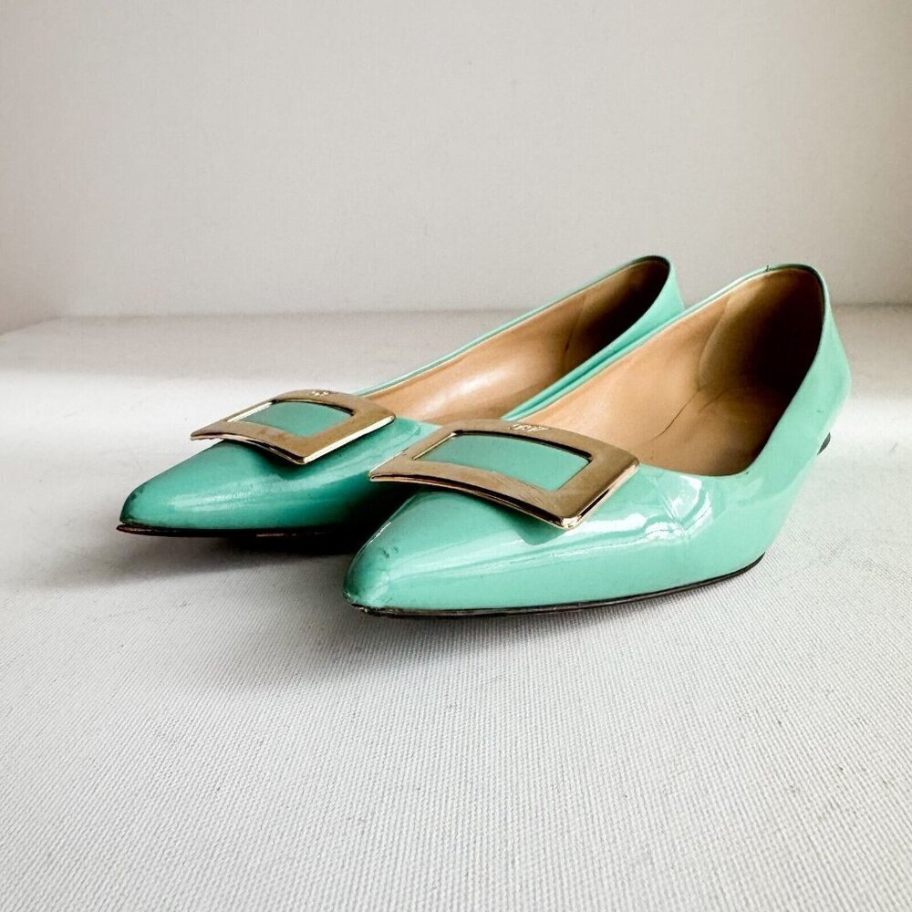 Roger Vivier Sea-foam Green Classic Buckle Accent Pointy Toe Flats  36.5 - Picture 2 of 12